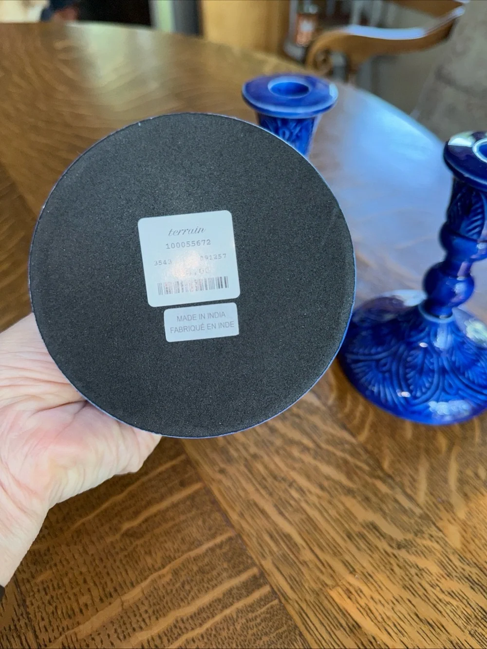 Bright Blue Embossed Ceramic Candlestick Holders - Set of 3